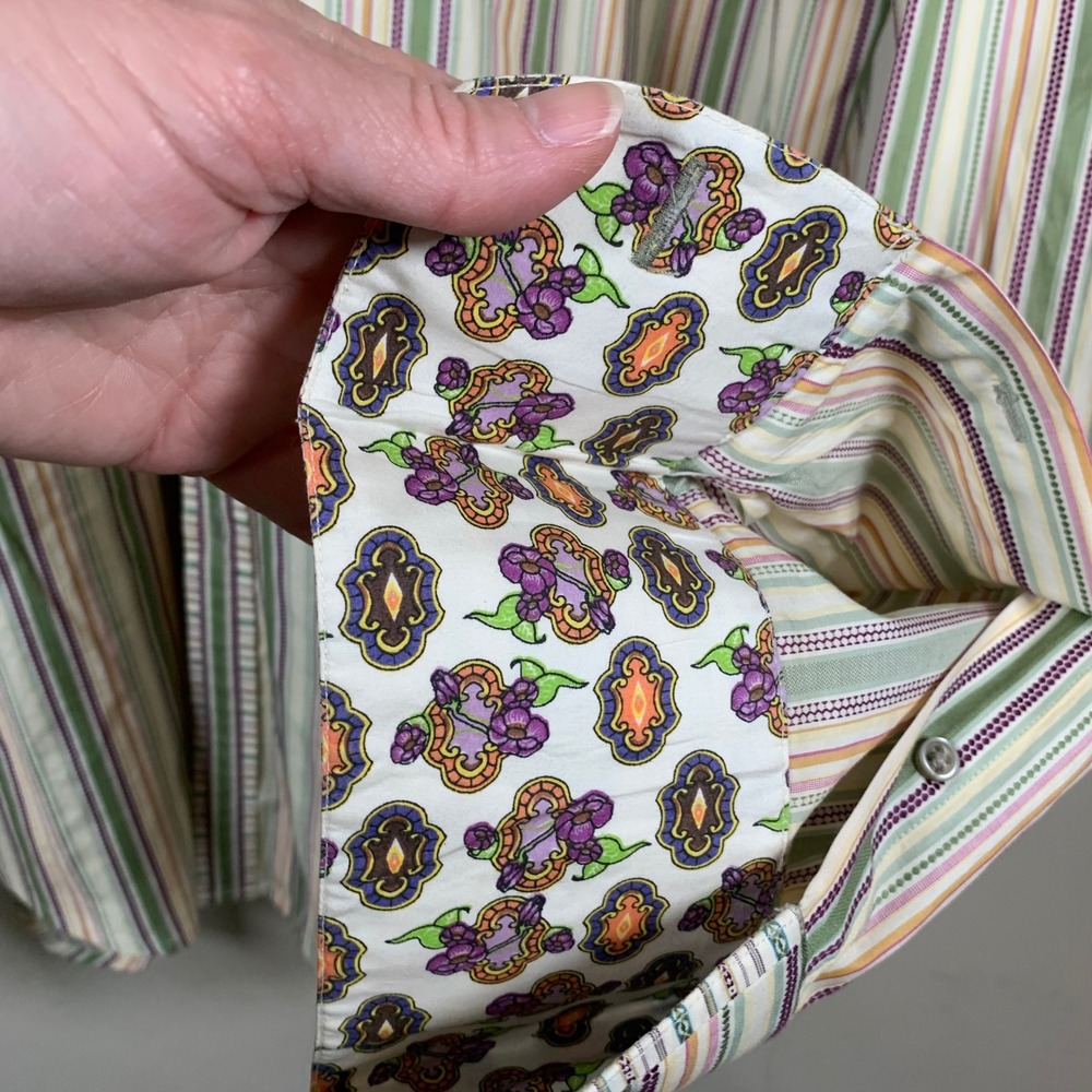 Robert Graham Green/Purple Stripe Long Sleeve Flip Cuff Button Down 2XL - Picture 12 of 16